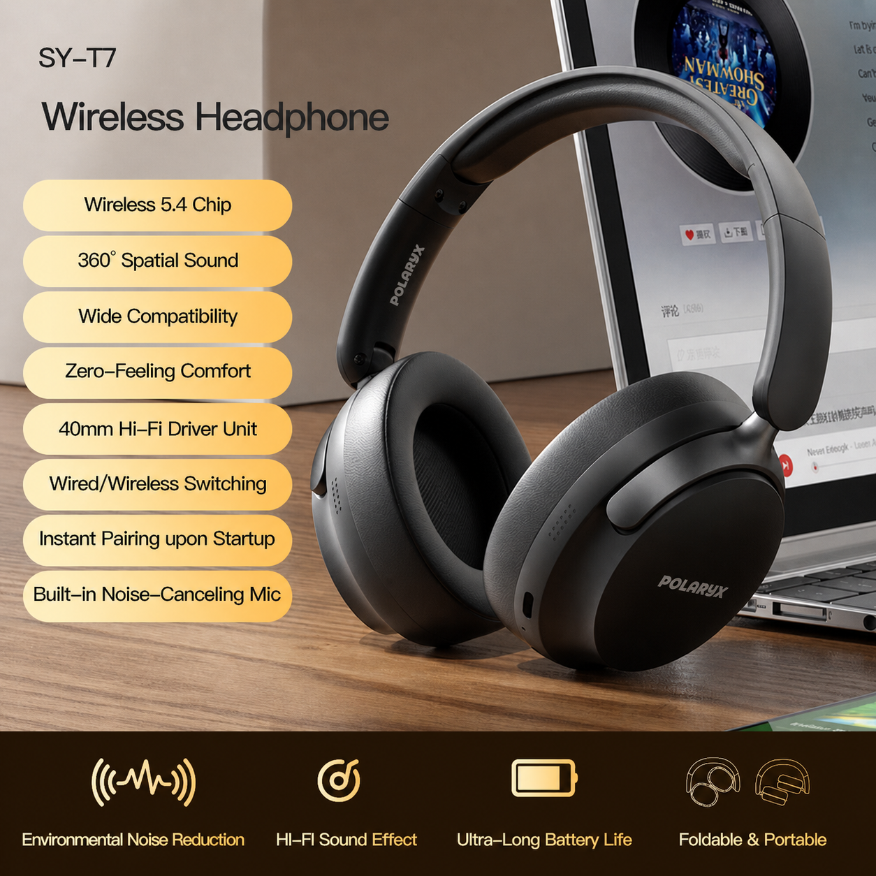 Polaryx SY-T7 Wireless Foldable Bluetooth Headphones - Music Charm